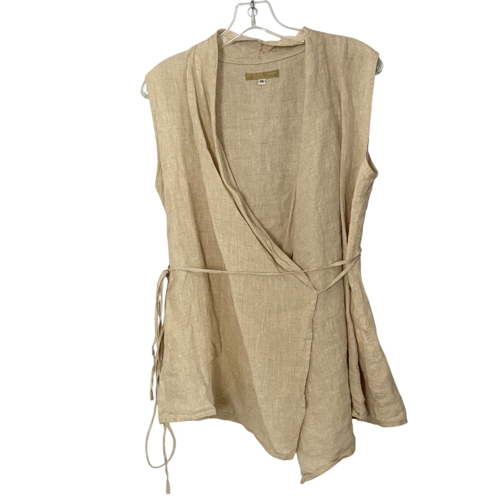 Pip-Squeak Chapeau Wrap Vest Top Beige Flax 100% Linen Tie Lagenlook - Medium